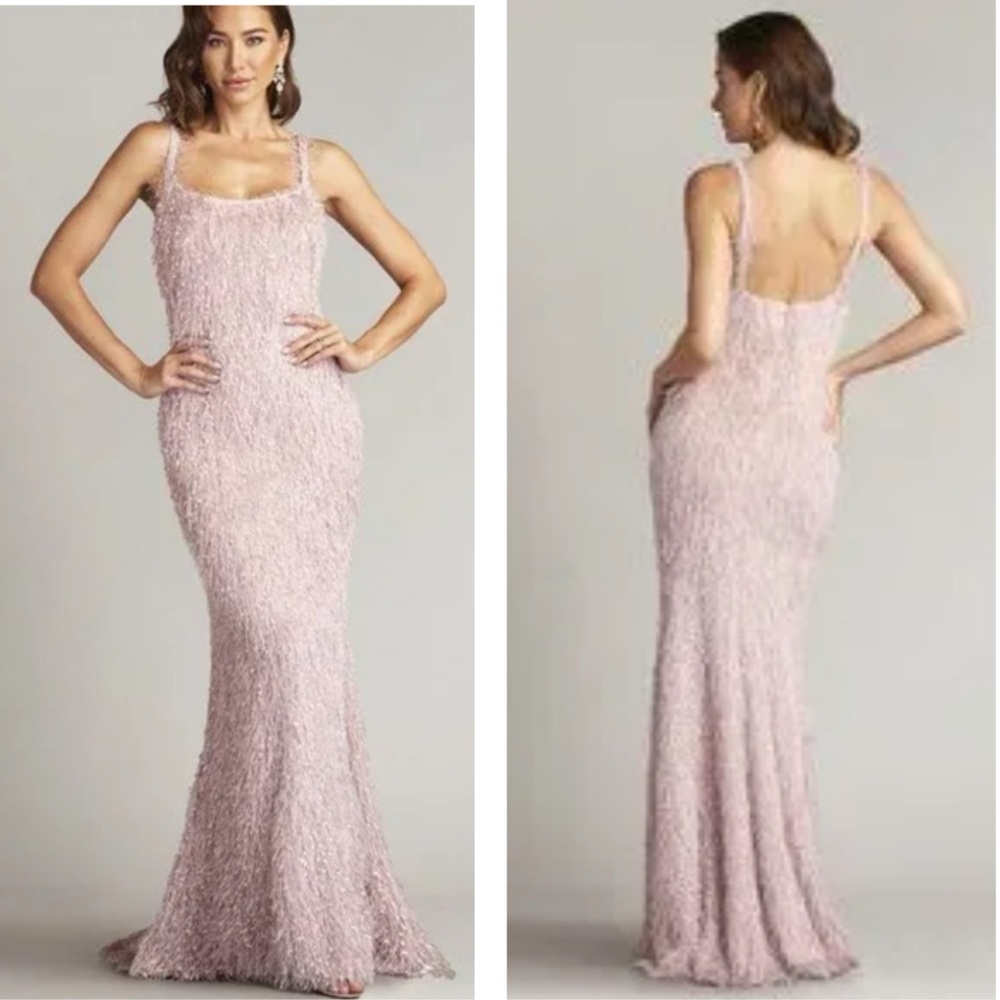 Tadashi Shoji Mauve Pip Eyelash Yarn Trumpet Gown with Open Back